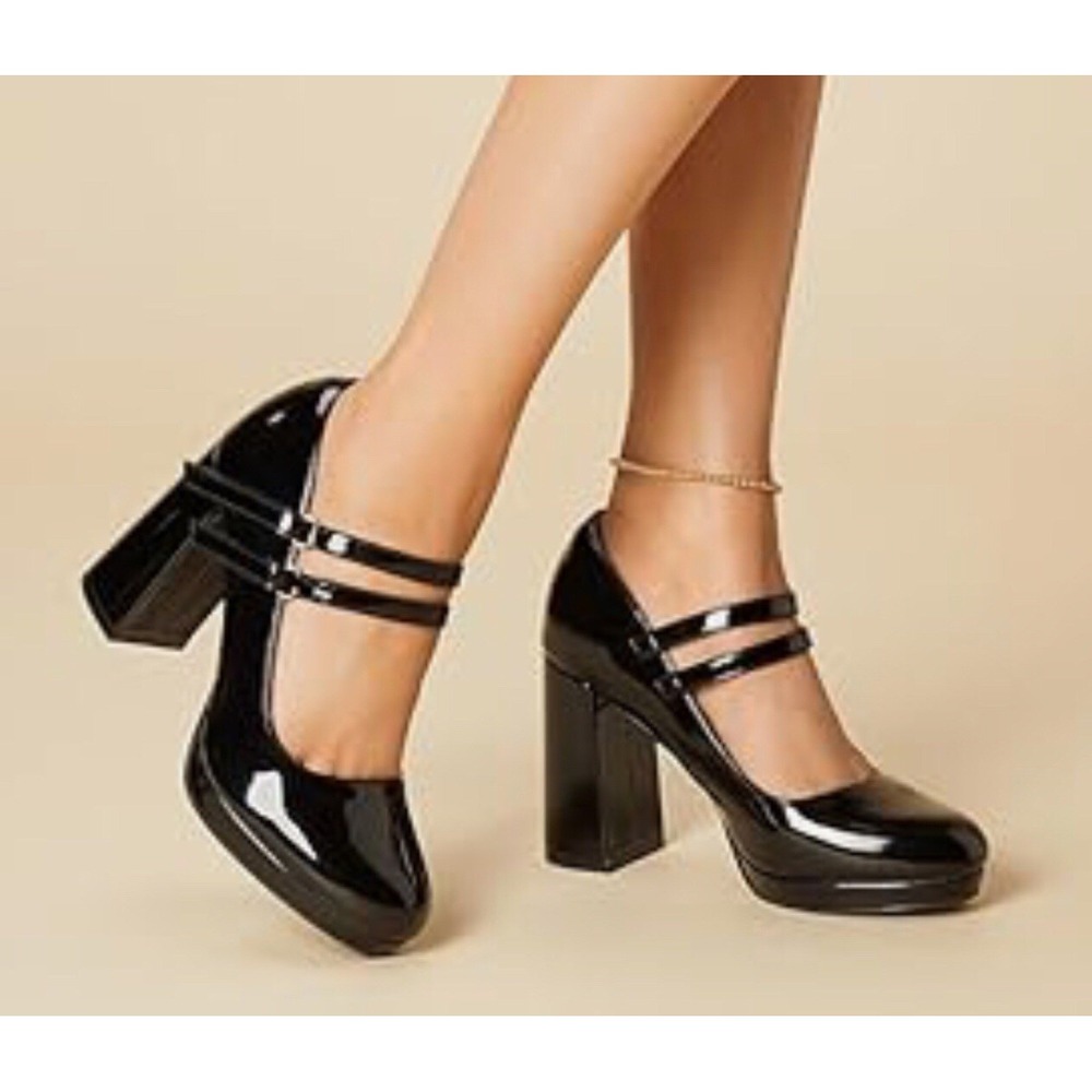 Platform Mary Jane Shoes Block Heels Chunky Dress Shoes Black Patent